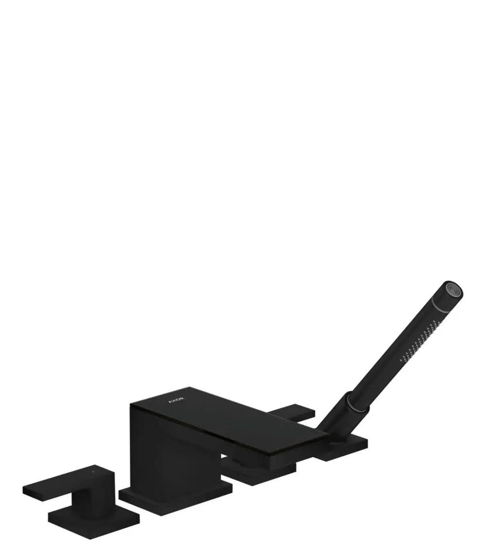 Schwarze 4-Loch Wannenrandarmatur von AXOR mit einem Handbrausekopf und zwei Steuergriffen, modern und funktional gestaltet, aus mattschwarzem Material.